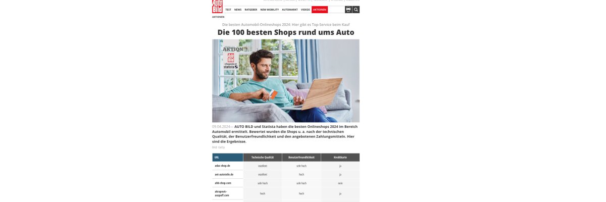 Stolze Auszeichnung für unseren Onlineshop als ein TOP SHOP 2024 - AUTO BILD Top Shop 2024 